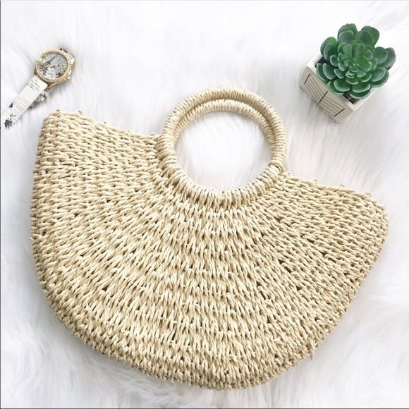 Violet507 Handbags - Soft Ivory Straw Round Handle Tote Bag